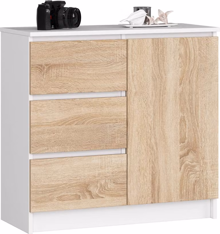 Cassettiera AKORD JERRY Bianco 80 cm Anta 3 cassetti 2 livelli Frontale rovere Sonoma L80 x H77 x P35 cm