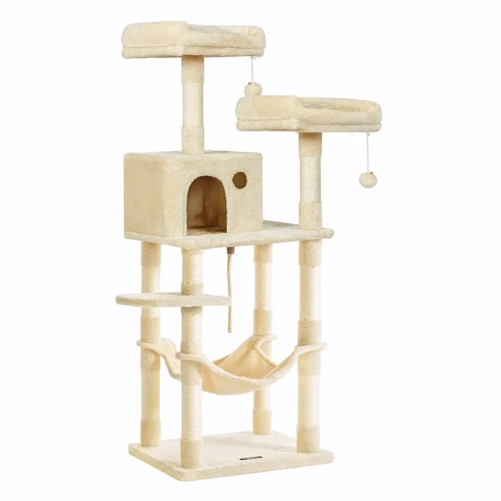 Albero per Gatti con Pali Graffiatoi Posatoi Grotta Amaca Pompon, Beige