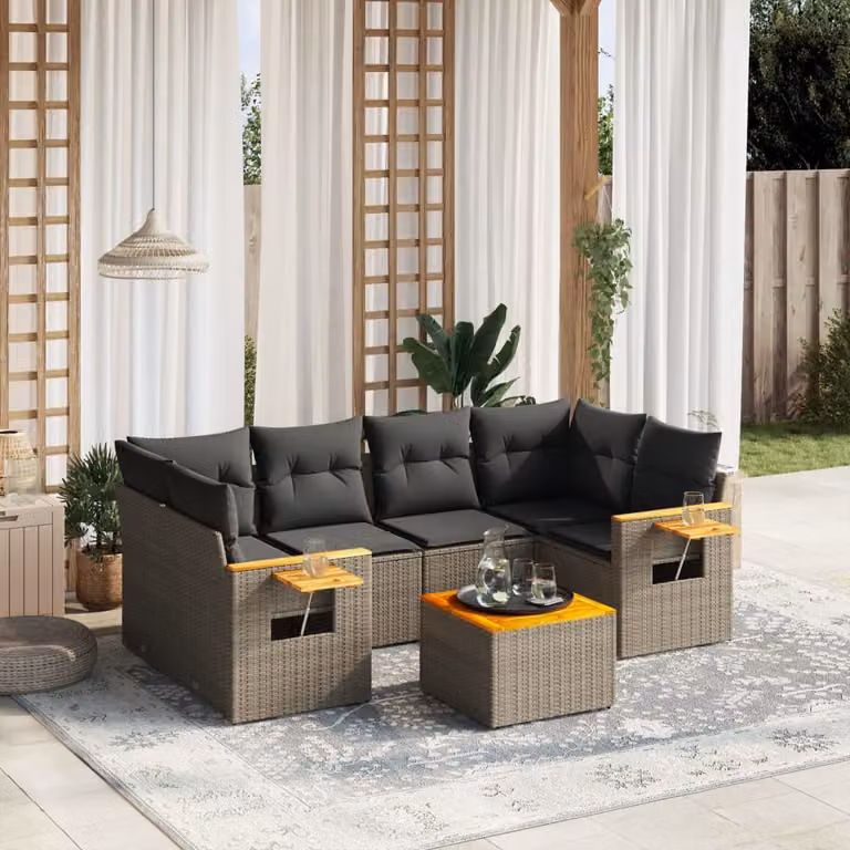 Set Divani da Giardino vidaXL 7 pz in Polyrattan Grigio con Cuscini e Tavolino da Esterno a Forma di L