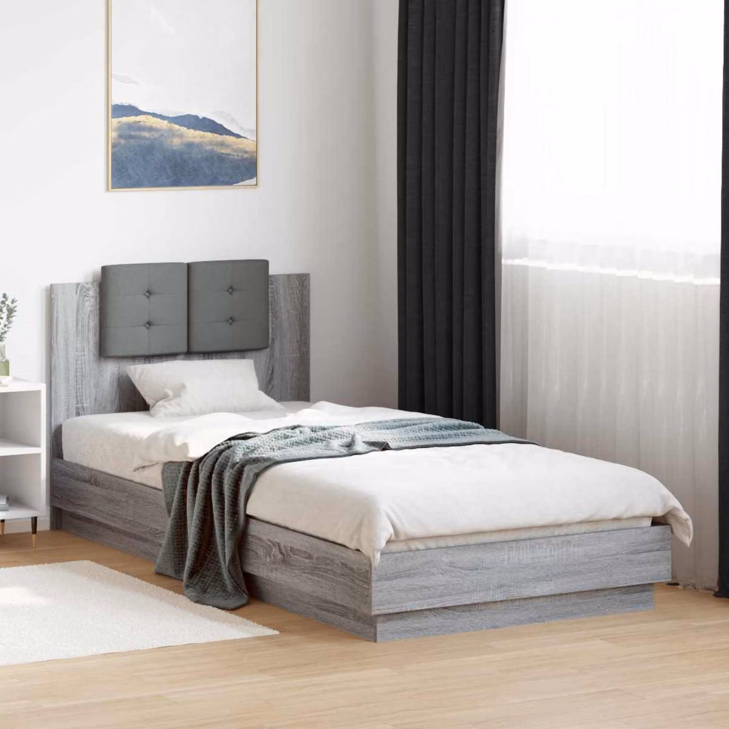 Struttura letto moderna vidaXL con testata in legno ingegnerizzato grigio e illuminazione sottostante con porta di ricarica USB