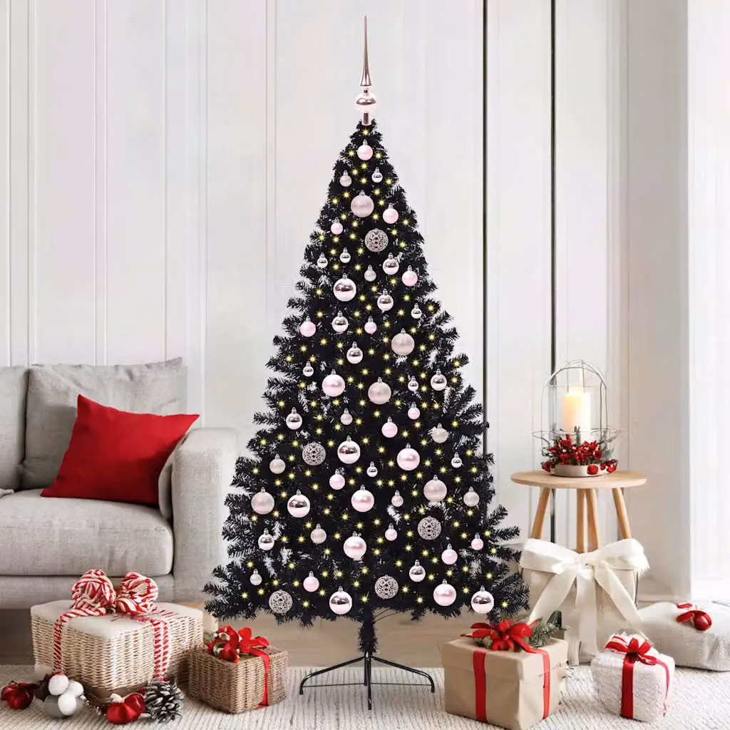 Albero di Natale artificiale moderno vidaXL con luci LED bianco caldo, colore nero, in PVC e metallo, Altezza: 180 cm