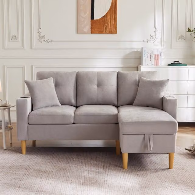 Divano angolare a 3 posti MIVRAY con chaise longue reversibile, vano contenitore e portabicchieri, grigio, L/P/H: 175 x 90 x 129 cm