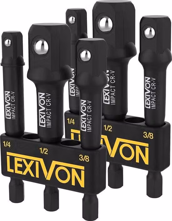Set di adattatori per bussole Unyqoos®, 6 pezzi, 75 mm – 6,35 / 9,5 / 12,7 mm (1/4 / 3/8 / 1/2 pollici), da esagono a quadro, in acciaio cromo-vanadio, fosfatato nero, con organizer, compatibile con Makita, Milwaukee, Bosch