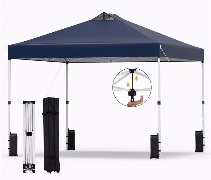 KOMFOTTEU, padiglione da giardino 3x3 metri, con sistema a un pulsante, tetto rivestito in argento, struttura resistente, sacchi di sabbia, picchetti e corde. Tenda portatile per picnic e feste (blu)