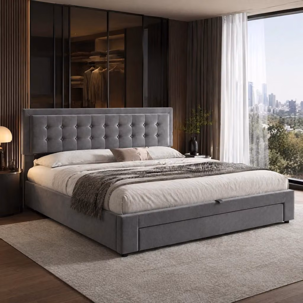 Letto Contenitore con Cassetti REDOM in Velluto Grigio L/P: 160 x 200 cm – 2