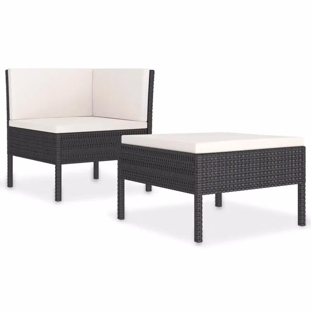 vidaXL Set Divano da Giardino a L con Pouf e Cuscini, Struttura in Metallo e Polyrattan, Bianco e Nero – 2