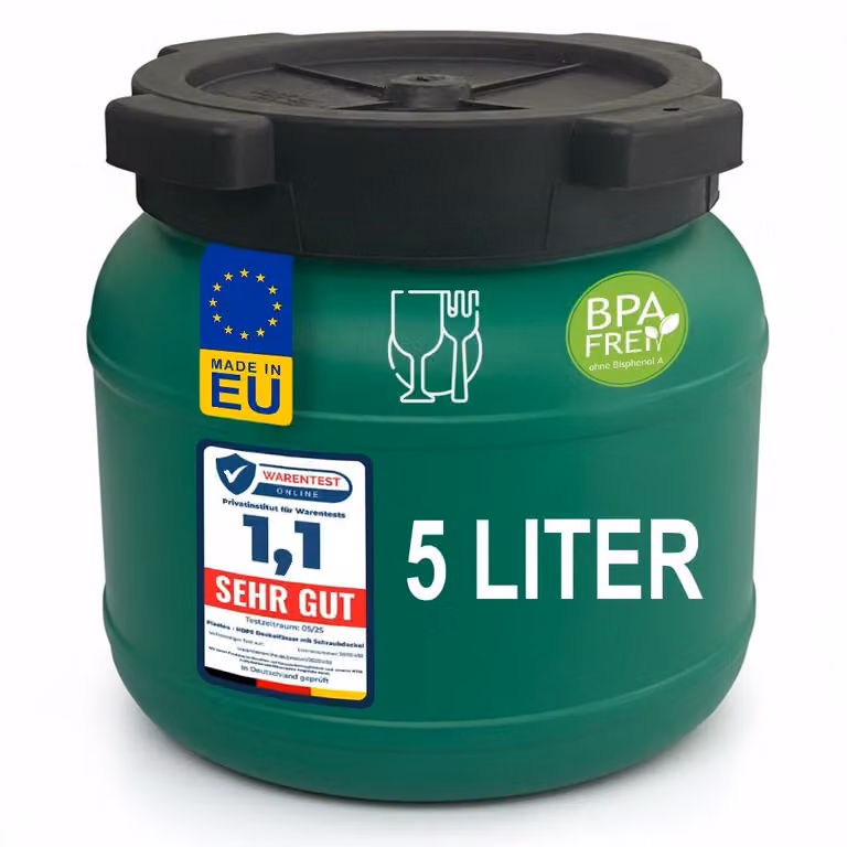 fusto a collo largo plasteo 5 L con coperchio per alimenti - robusto fusto universale in HDPE con tappo a vite, per alimenti, stoccaggio e trasporto, verde