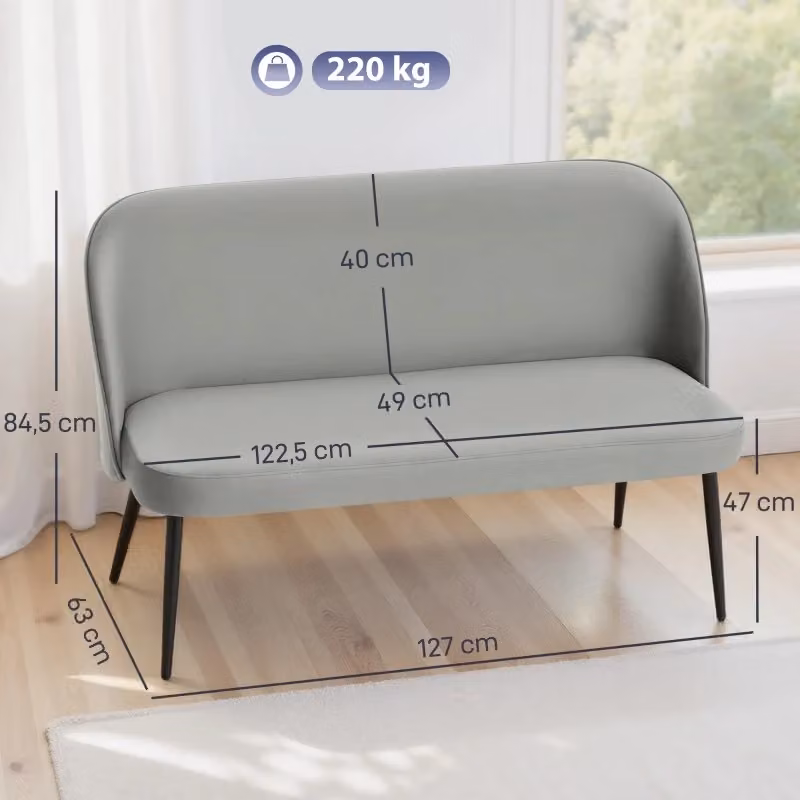 Divano a 2 posti moderno WISHDOR in tessuto effetto velluto grigio con struttura in metallo e legno, L: 127 cm, H: 84,5 cm, P: 63 cm – 2