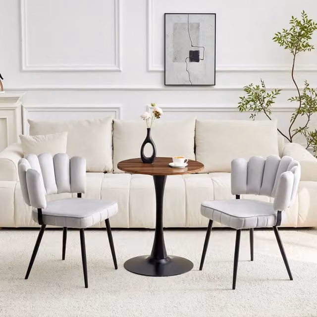 Set tavolo e sedie con tavolo rotondo e 2 sedie da pranzo imbottite, in MDF, tessuto e metallo noce, nero e grigio chiaro