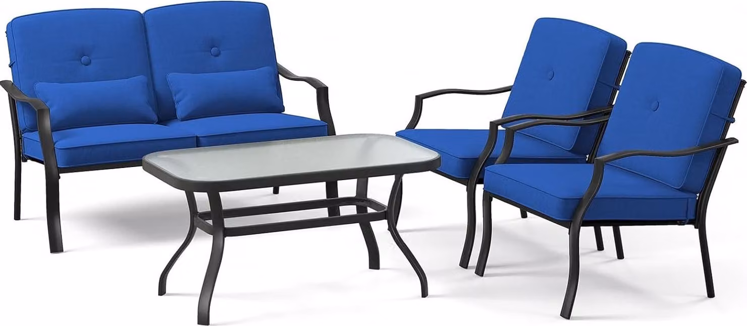 Set da giardino da 4 pezzi, set da esterno composto da 3 sedie imbottite e 1 tavolino in vetro temperato, set per il tempo libero con struttura in metallo, blu