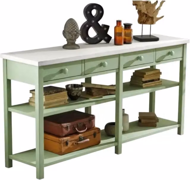 Bancone shabby chic in legno massello di abete con 4 cassetti e 2 ripiani Mobili 2G verde L: 200 cm, P: 50 cm, H: 105 cm – 3