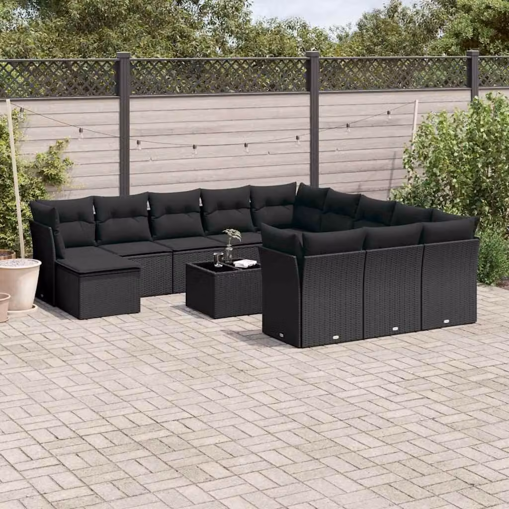 Set di Divani da Giardino vidaXL 13 Pezzi in Polyrattan Nero con Cuscini e Tavolino per Terrazza e Outdoor – 1