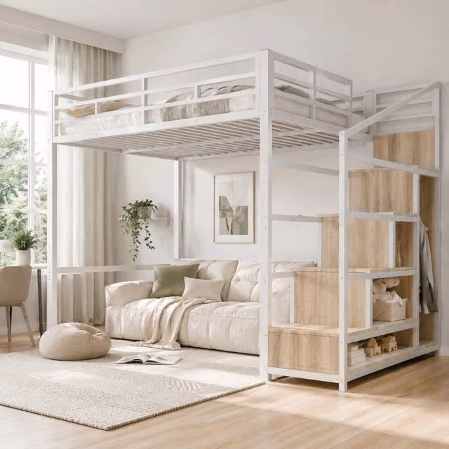Letto a soppalco 140x200 cm in metallo bianco con scala contenitore; griglia portaoggetti e LED 7 colori