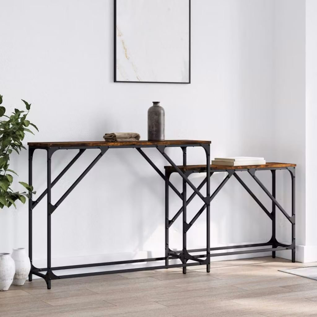 Set di 2 tavoli consolle impilabili vidaXL in legno multistrato e metallo, colore rovere fumo marrone, stile industriale