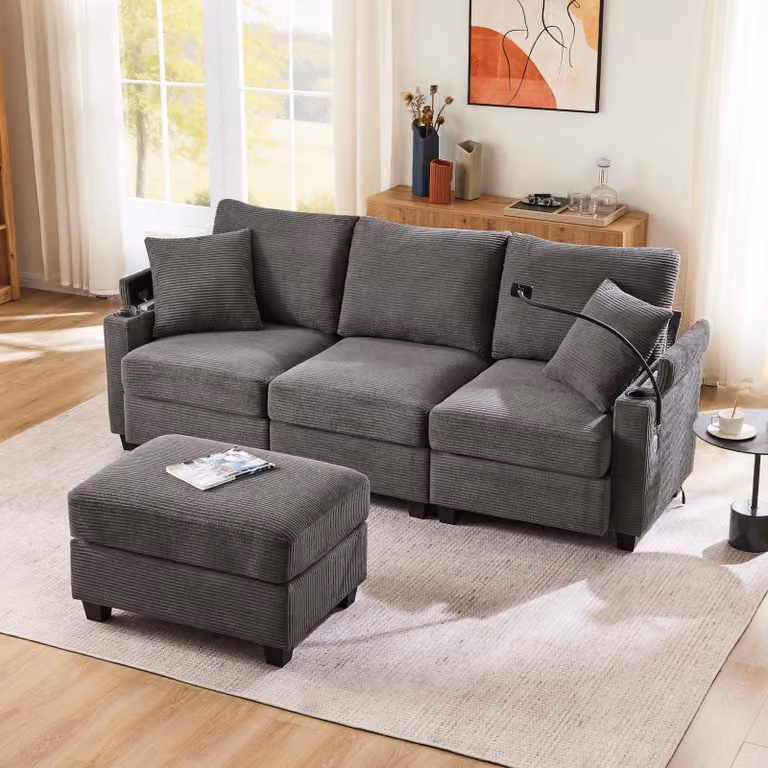 okwish Divano angolare a L a 3 posti con sgabello, divano a L con caricatore USB e portabicchieri, divano angolare con vano portaoggetti nello schienale e 2 cuscini, grigio