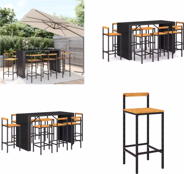vidaXL Set bar da giardino 9 pezzi in poly rattan nero e legno massiccio di acacia - Set bar da giardino - Set bar da giardino - Set bar da giardino - Bar da giardino
