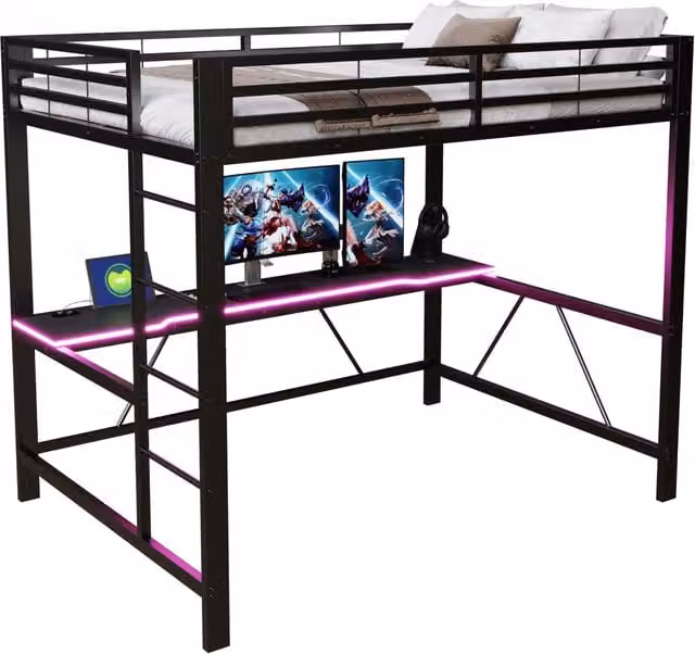 Letto a soppalco 140x200 con scrivania; struttura in metallo nero; LED e ricarica USB