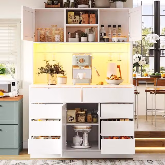 Armadio da cucina moderno con illuminazione LED intelligente - Xylo - 120x40x183,5 cm, bianco, 8 cassetti, chiusura magnetica, ripiani regolabili