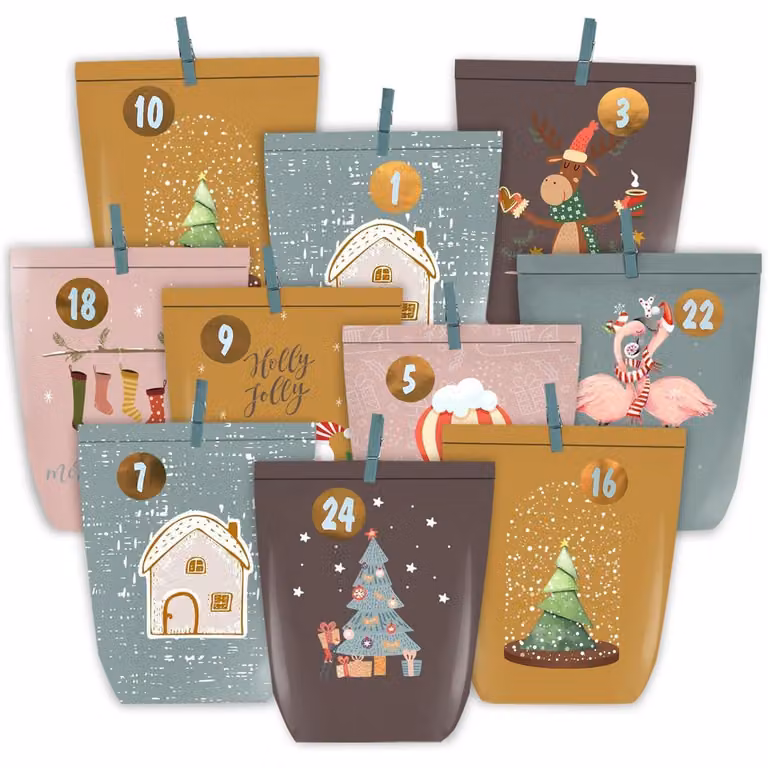 Calendario dell'Avvento con 24 sacchetti di carta, kit per realizzare decorazioni, colori: blu, rosa, giallo