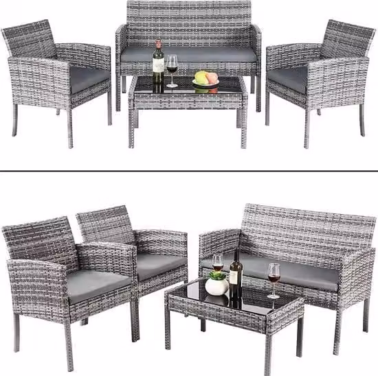 Set da Giardino - Mobili da Giardino - Giardino Esterno - 2x Sedie da Giardino + Tavolo da Salotto + Bancarella - Con Cuscino per Patio Terrazza Piscina Giardino Posteriore