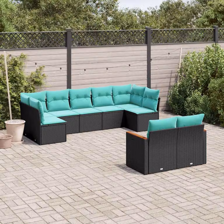 Set di divani da giardino vidaXL 9 pz a forma di U in polyrattan nero con cuscini imbottiti e coperture rimovibili