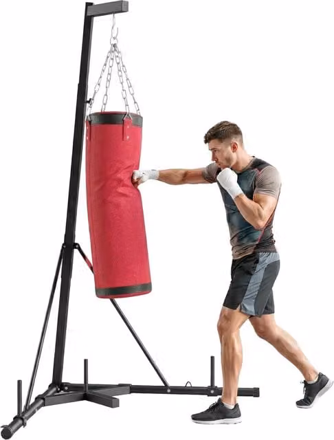 Supporto per Sacco da Boxe Regolabile in Acciaio e Tela con Sacco, Base Triangolare per Casa, Rosso, 175x91x185-231 cm