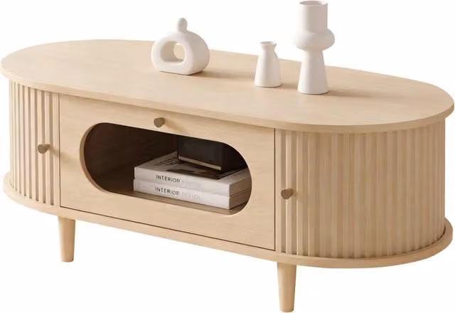 Tavolino da salotto con 1 cassetto e 2 ante a rullo; 4 gambe di supporto; per soggiorno; 100 × 50 × 36 cm; in MDF; rovere