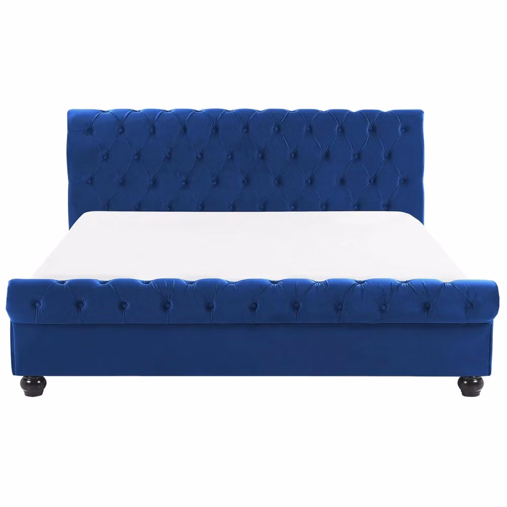 Letto Beliani moderno con rivestimento in velluto blu e gambe in legno di pioppo, L/P/H: 180 x 200 x 94 cm – 2