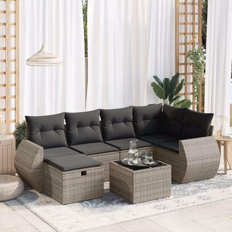Set di divani da giardino vidaXL in polyrattan grigio con cuscini, tavolino e pouf, design moderno a L per esterno