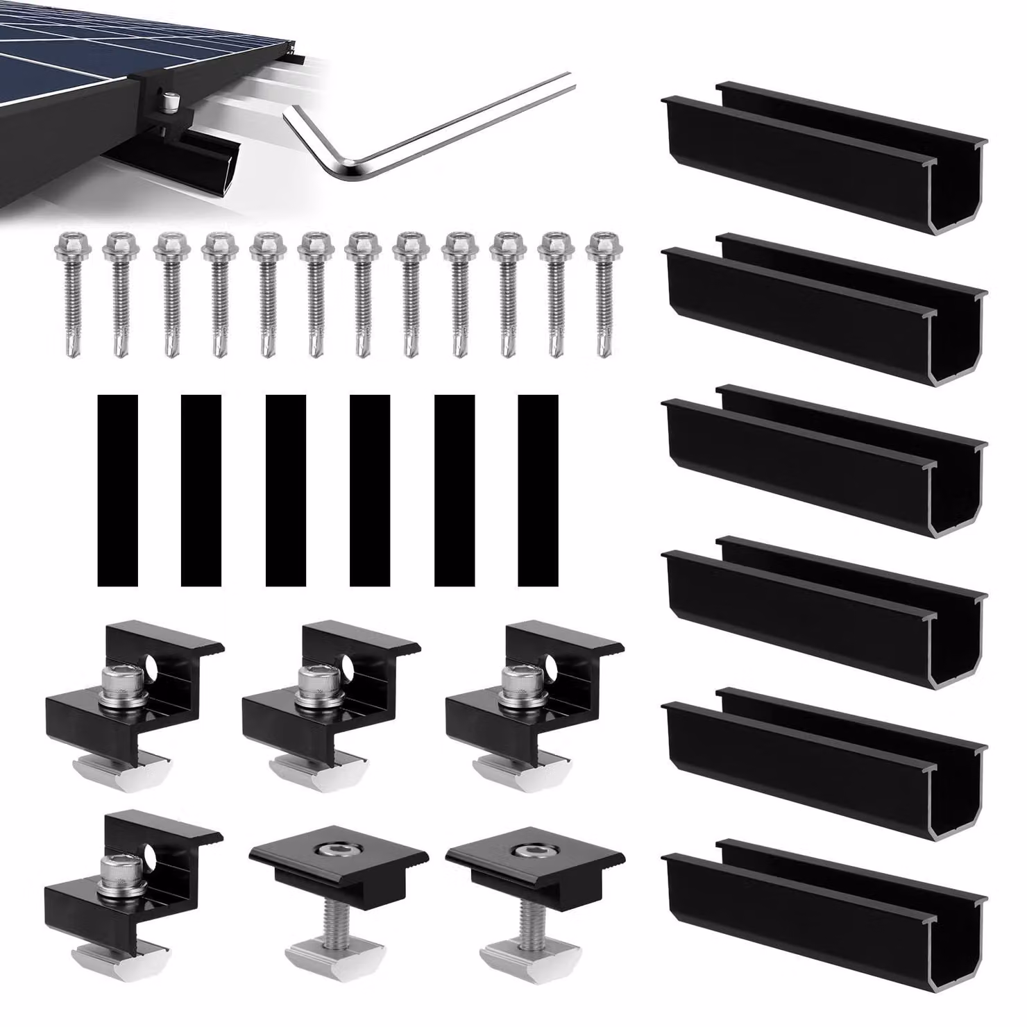 Supporto per pannelli solari per 2 moduli, con profilato in alluminio da 12 cm e morsetto regolabile per moduli di spessore da 30 a 35 mm