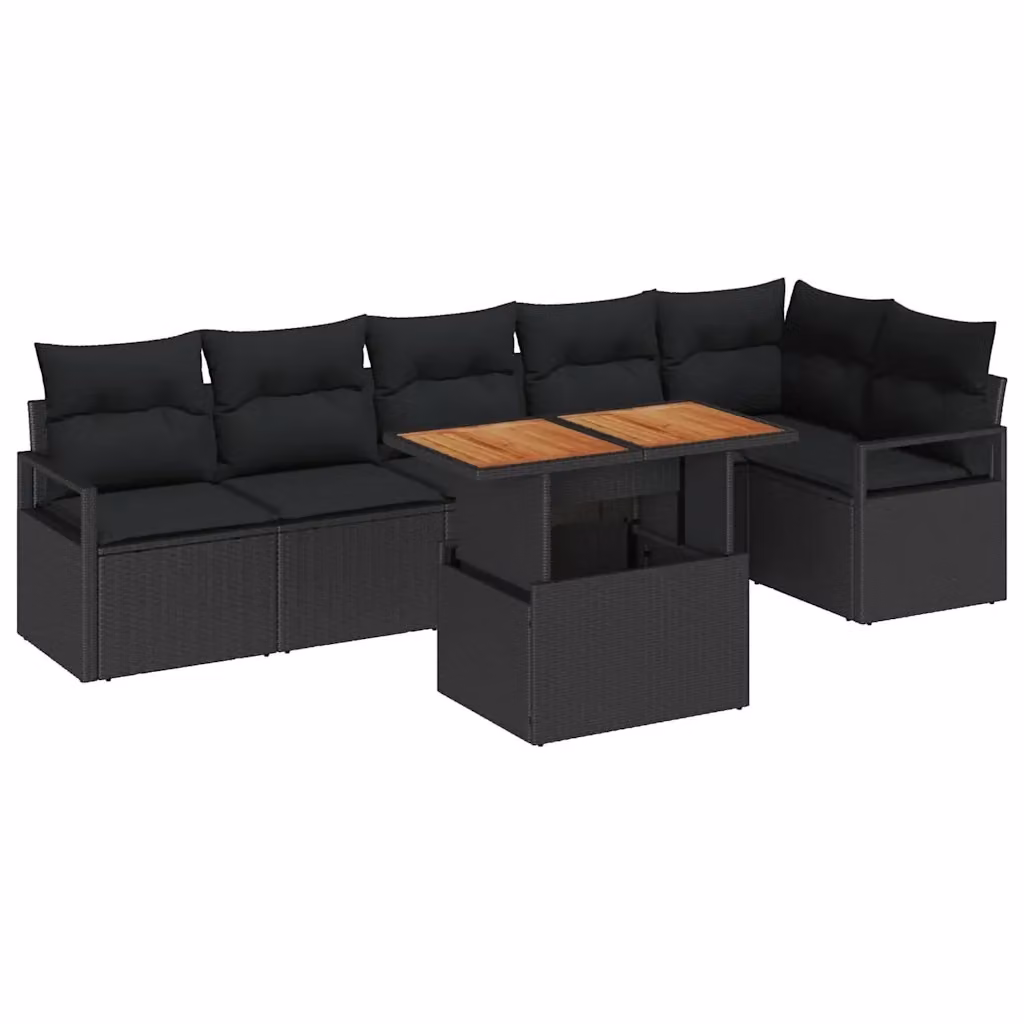 Set Divano da Giardino vidaXL 7 Pezzi L-Shape Nero con Cuscini e Tavolino in Rattan e Acciaio – 2