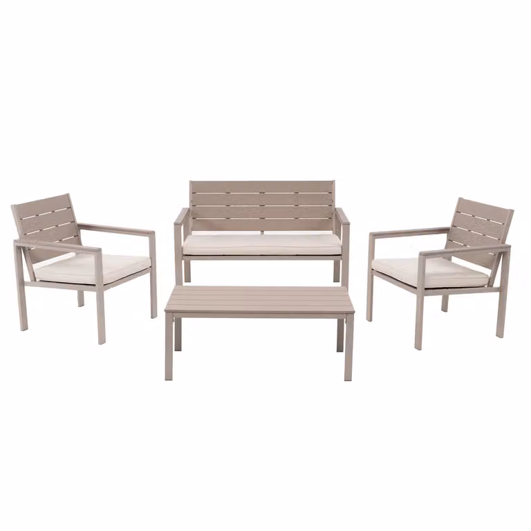Vestiamo Casa Giardino Set da giardino 4 pezzi moderno con struttura in acciaio beige e doghe in HDPE effetto legno tortora, comprensivo di divano a 2 posti, tavolino da caffè e cuscini imbottiti