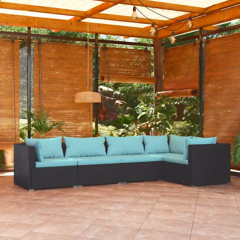 Set Divani da Giardino vidaXL a Forma di L con Cuscini, Struttura in Metallo e Polyrattan Nero e Cuscini Blu Turchese