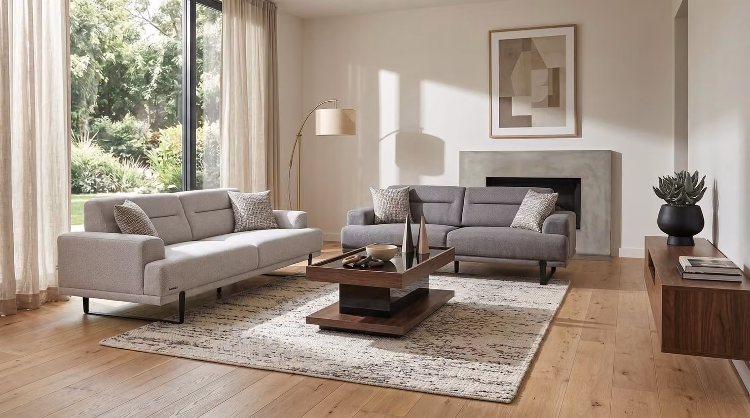 Set divano con tavolino, colore grigio, design moderno, ideale per il soggiorno, confortevole ed elegante
