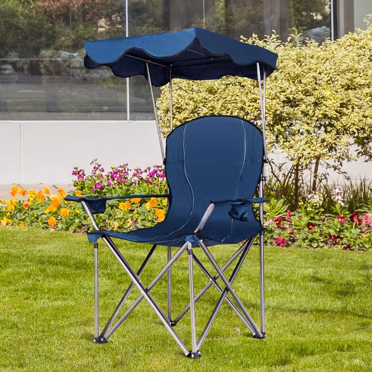 Sedia da campeggio pieghevole Costway con parasole e portabicchieri, modello reclinabile blu per esterni