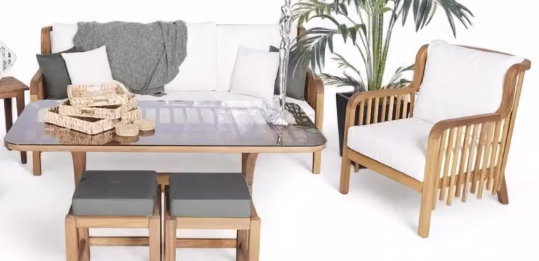 Luxuriöse Gartenmöbel Set Sitzgruppe 3+1 Holz Gartenhocker Tisch Möbel