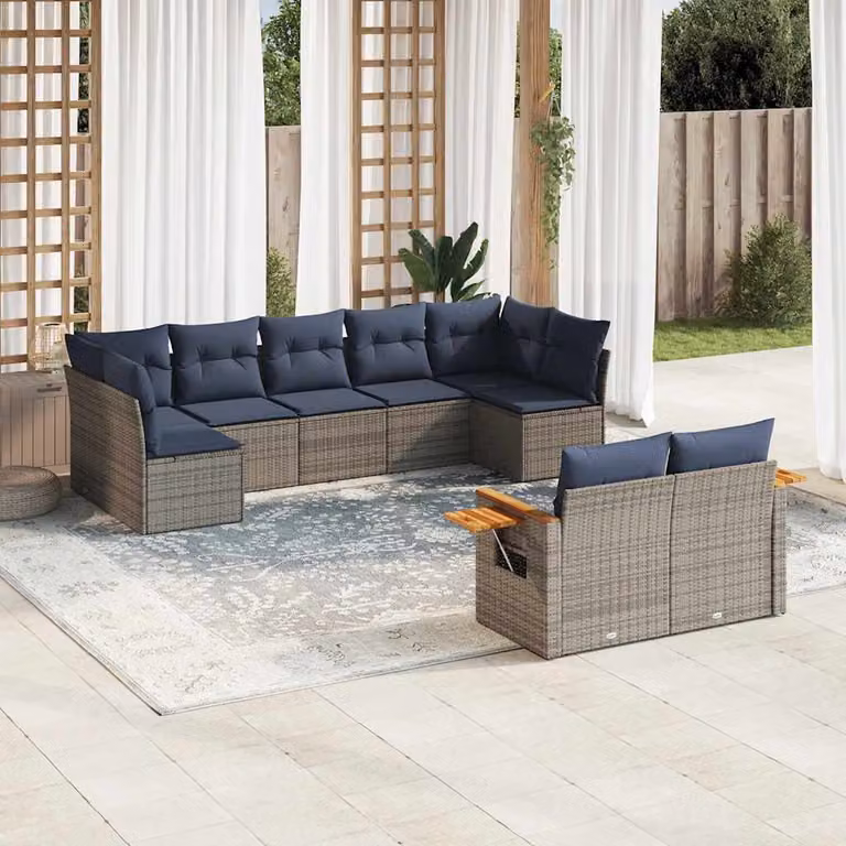 Set di divani da giardino vidaXL a forma di U composto da 9 pezzi in polyrattan con cuscini grigi e blu e tavolino da esterno