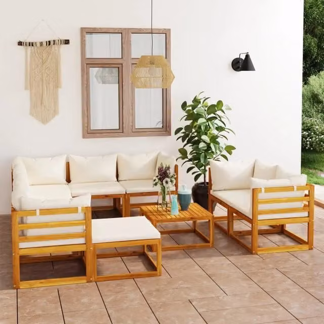 Set Divani da Giardino 10 pz con Cuscini Crema Massello Acacia 3057647