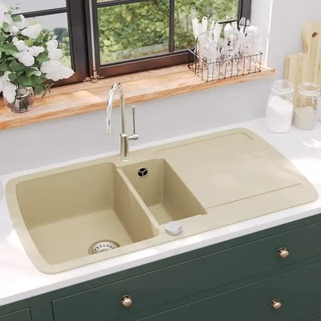 Lavello da Cucina in Granito Vasca Doppia-Lavandino-Lavabo Beige 734596