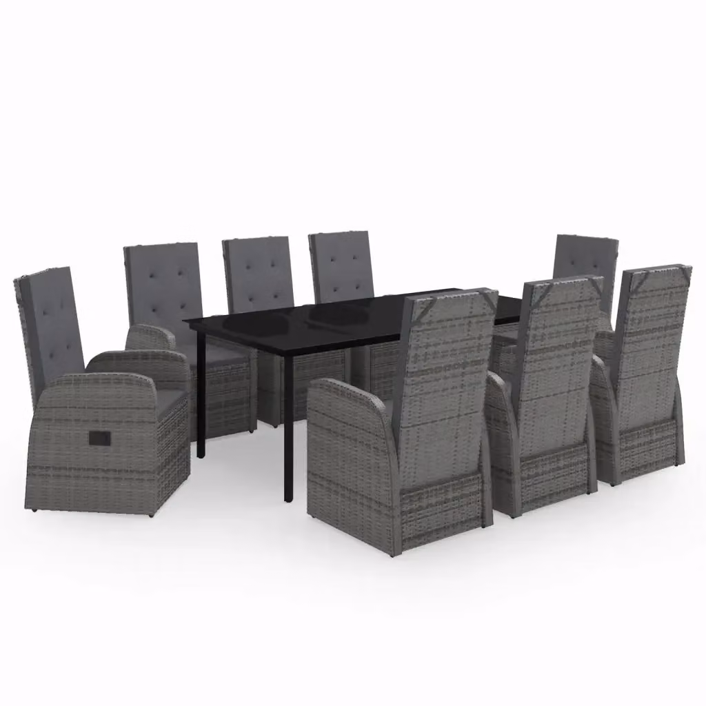 Set da pranzo da giardino vidaXL in polyrattan con cuscini e tavolo in vetro, 9 pezzi, Grigio e Nero – 2