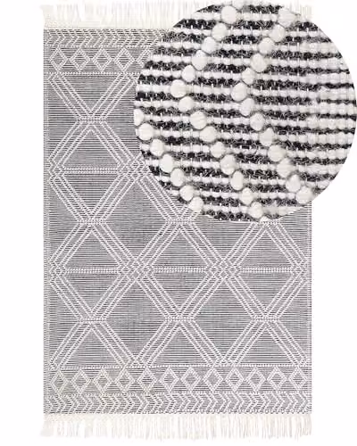 Beliani Tappeto da salotto in lana con frange decorative 160 x 230 cm Grigio e bianco sporco