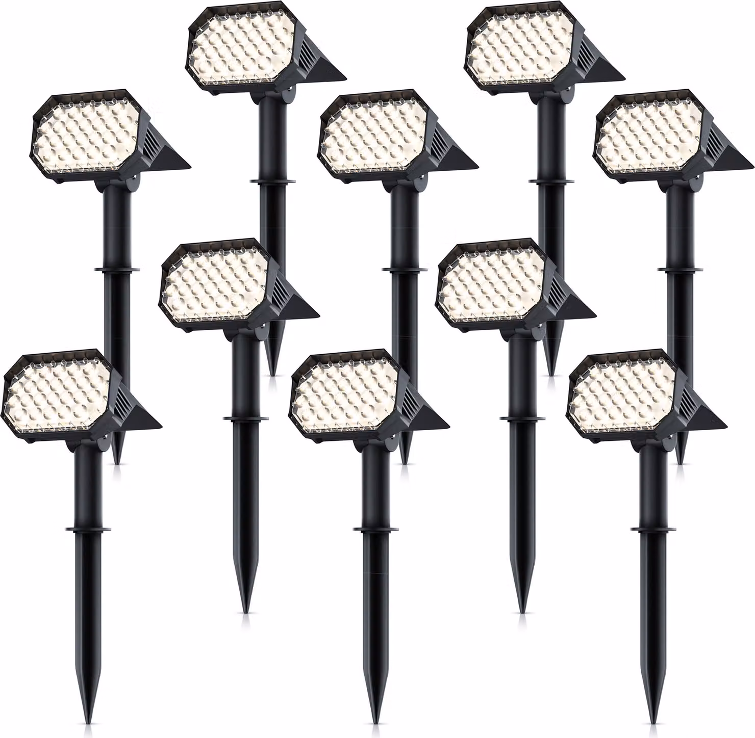 Faretto solare LED per esterno, con picchetto da terra, luce solare per esterni, applique, set da 10 pezzi, batteria da 1800 mAh, 2 livelli di luminosità, 3000 K, grado di protezione IP65, resistente alle intemperie, orientabile