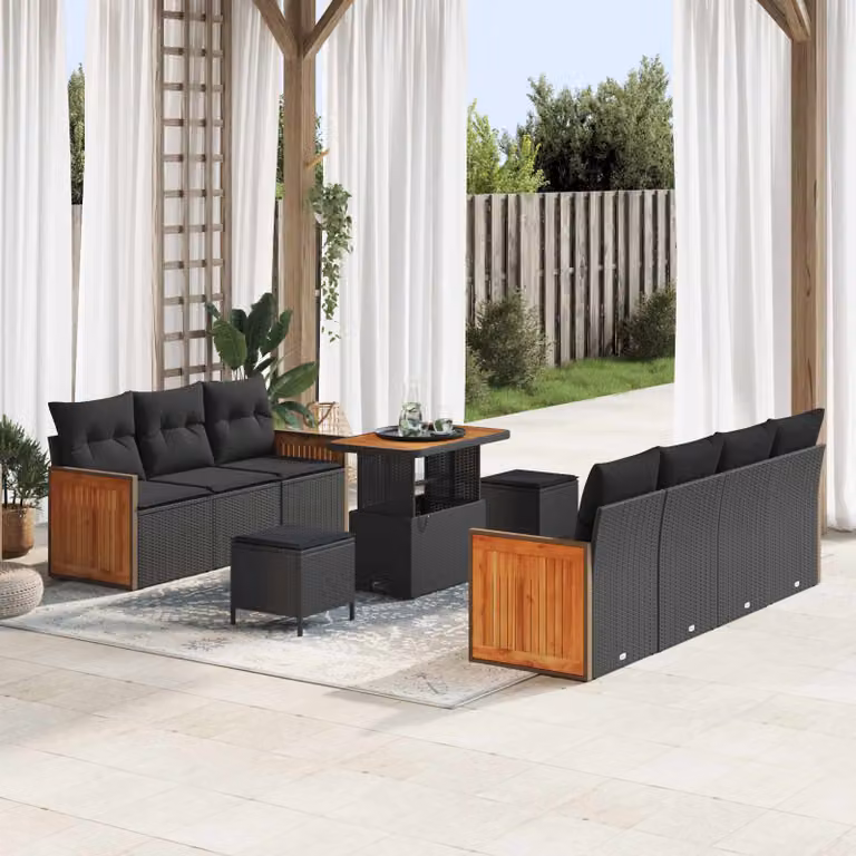 Set Divano da Giardino vidaXL 10 Pezzi con Cuscini e Tavolino Nero in Acciaio Verniciato a Polvere