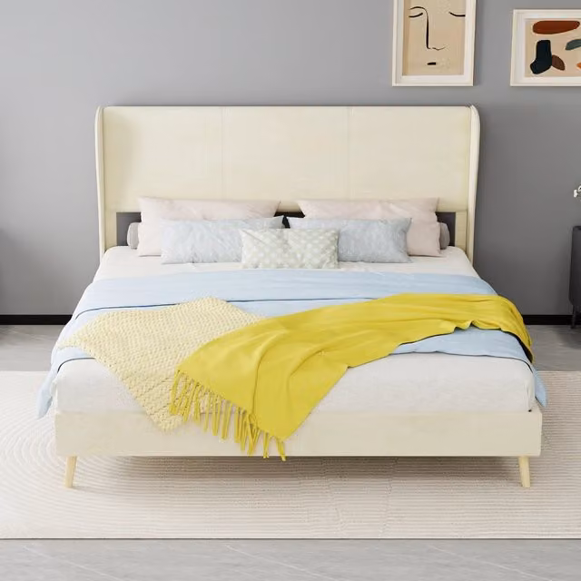 letto imbottito tessuto e metallo beige 160 x 200 cm