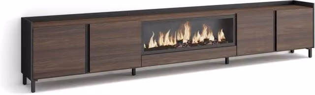 Mobile TV Soggiorno, 315x61x35 cm, Per TV fino a 80", Camino elettrico XXL, Design industriale, Rovere scuro e Nero