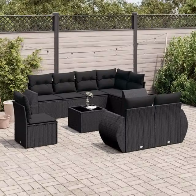 Set Divani da Giardino 9 pz con Cuscini Nero in Polyrattan 3253982