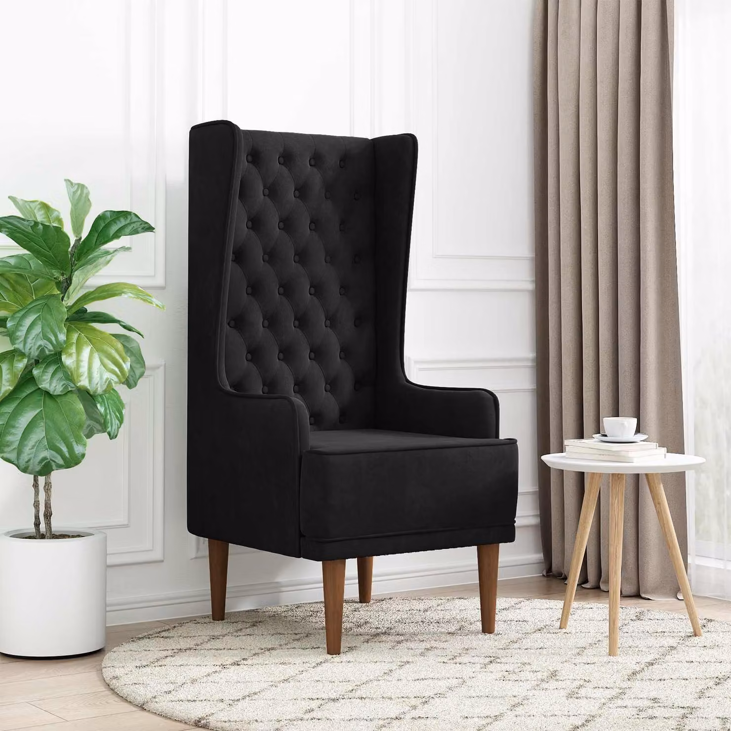 Sedia a schienale alto in velluto nero con lavorazione trapuntata Chesterfield vidaXL