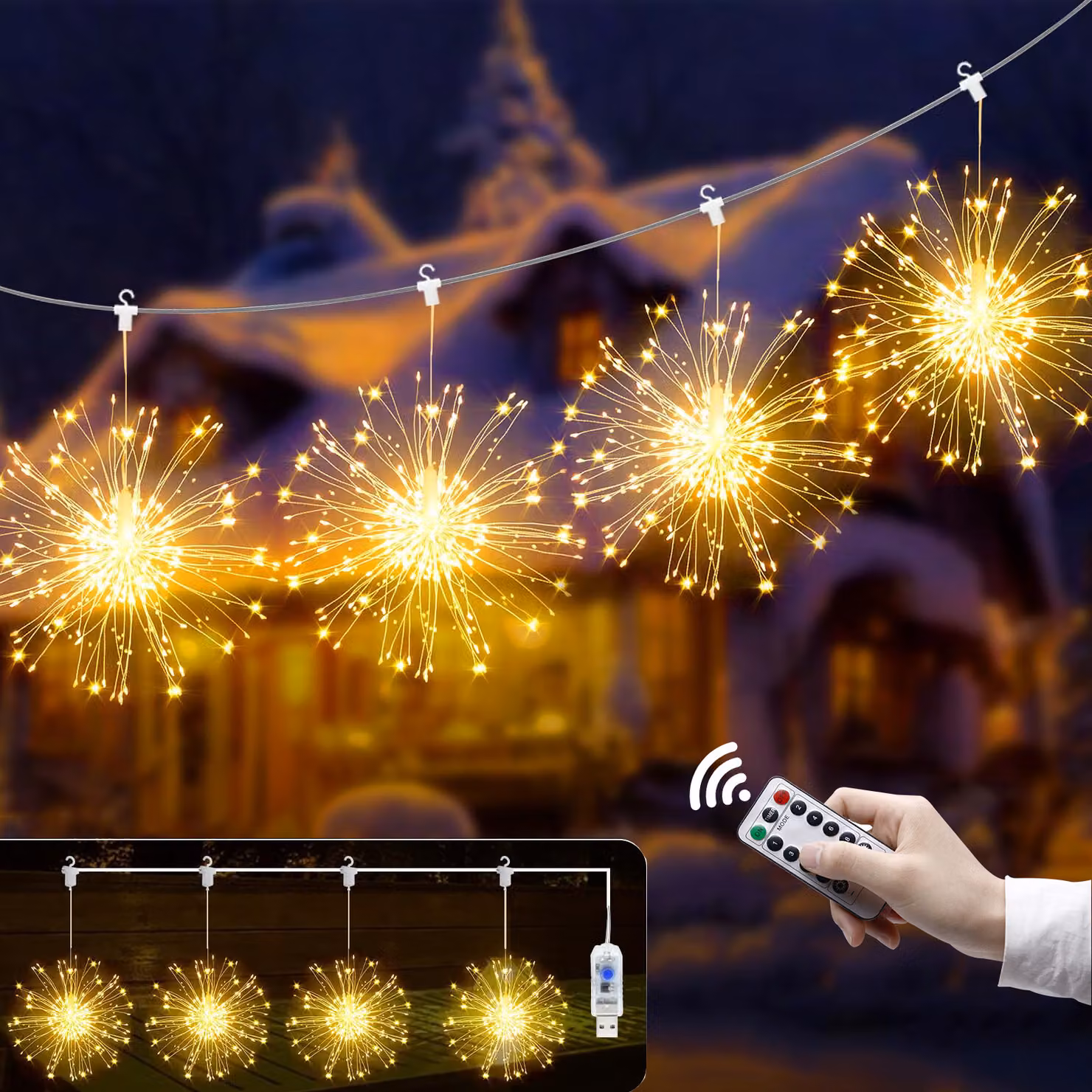 Striscia LED da 4 pezzi con palline luminose sospese a USB, 480 LED, 8 modalità, IP44; striscia LED con luci natalizie e telecomando