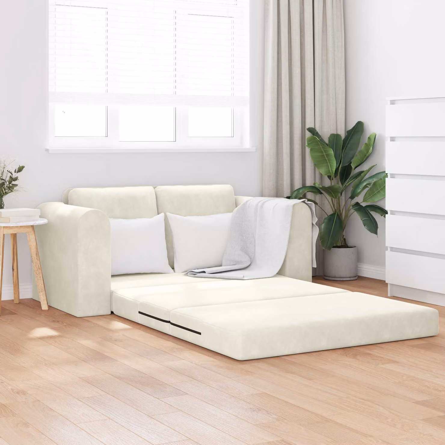 Divano letto vidaXL in velluto beige per soggiorno e camera da letto L: 148 cm, P: 71 cm, H: 83 cm