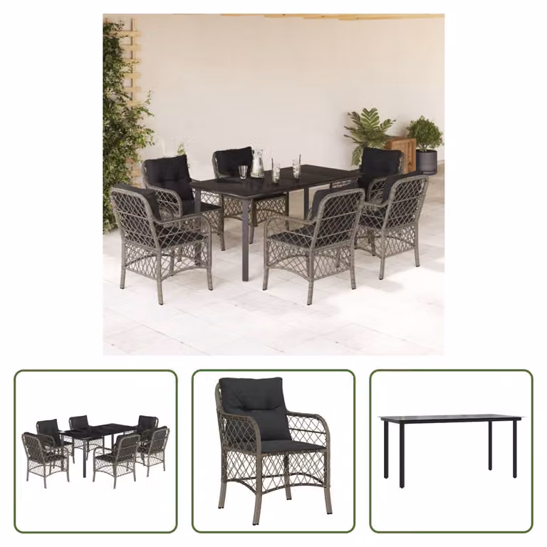The Living Store Set da pranzo da giardino 7 pezzi con cuscini in poly rattan grigio